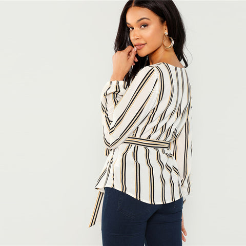 Image of Elegant Striped Print Long Sleeve Blouse