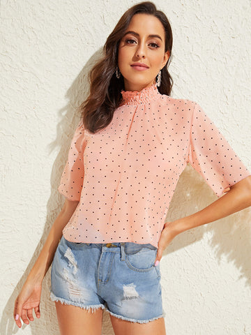 Image of Shirred Neckline Polka-dot Print Top