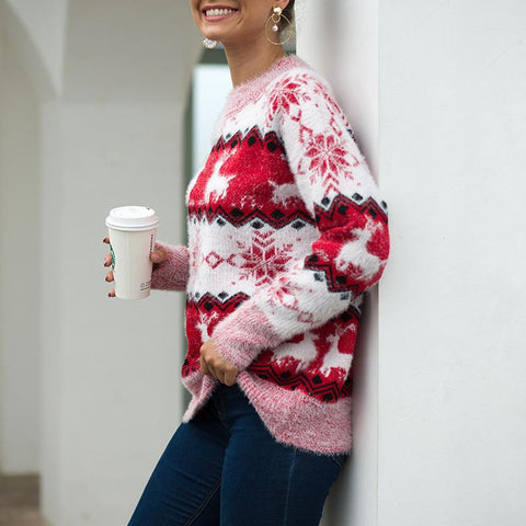 Image of Women Snow Deer Knitted Long Sleeve Sweater