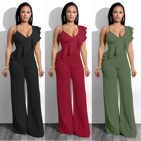 Image of One Shoulder Ruffles Jumpsuits For Women