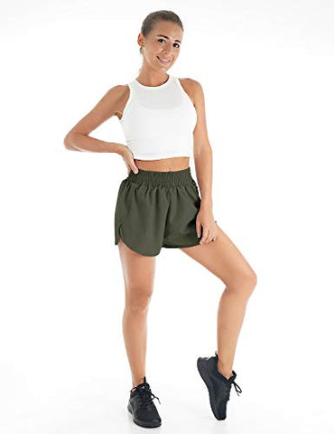 Image of Blooming Jelly Womens Quick-Dry Running Shorts Sport Layer Elastic Waist Active Workout Shorts with Pockets 1.75" (x-Small, Army Green)