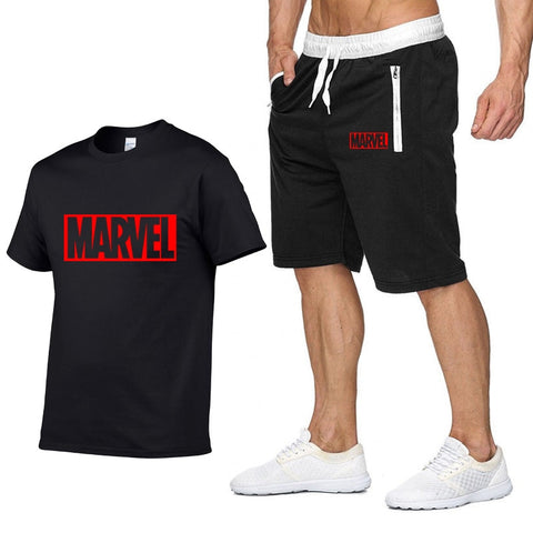 Image of Cotton T Shirts+Shorts Men Sets-MARVEL letter printing