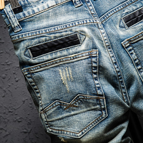 Image of Blue Men Streetwear Ripped Bermuda Jeans