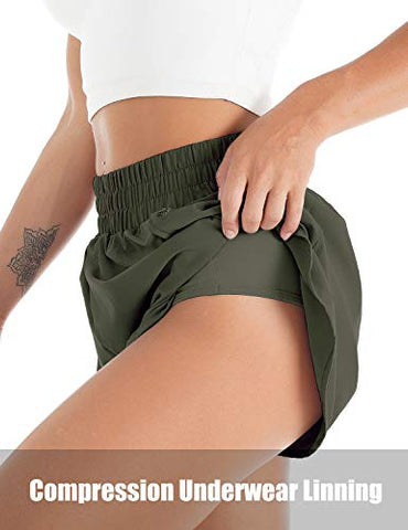 Image of Blooming Jelly Womens Quick-Dry Running Shorts Sport Layer Elastic Waist Active Workout Shorts with Pockets 1.75" (x-Small, Army Green)