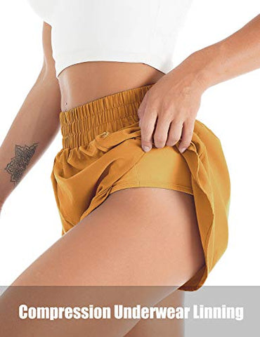 Image of Blooming Jelly Womens Quick-Dry Running Shorts Sport Layer Elastic Waist Active Workout Shorts with Pockets 1.75" (x-Small, Army Green)