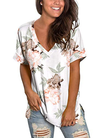 Image of Womens Tshirts Short Sleeves Cute Juniors Tops Beach Printed Tunics Side Split S