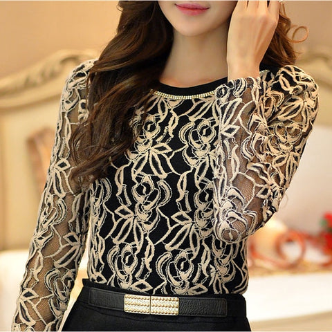 Image of Women Elegant Long Sleeve Black Lace Chiffon Blouse