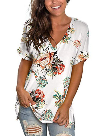 Image of Womens Tshirts Short Sleeves Cute Juniors Tops Beach Printed Tunics Side Split S