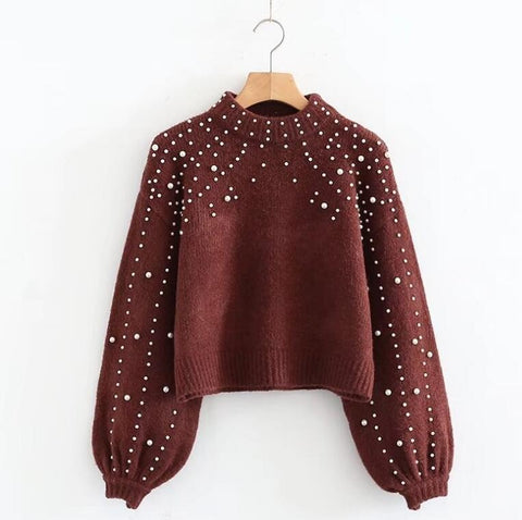 Image of Pearl Turtleneck Lantern Sleeve Pullover Sweater