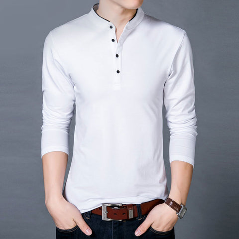 Image of New Cotton T Shirt Men Solid Color Chinese Style Mandarin Collar