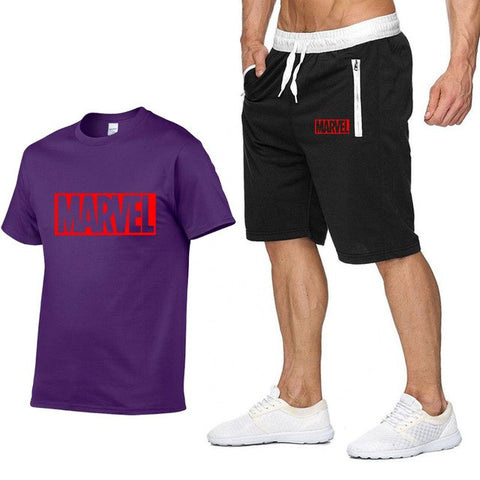 Image of Cotton T Shirts+Shorts Men Sets-MARVEL letter printing