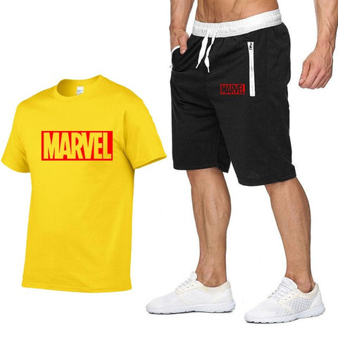 Image of Cotton T Shirts+Shorts Men Sets-MARVEL letter printing