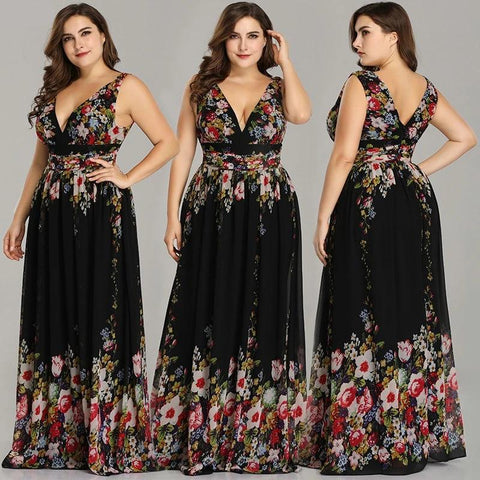 Image of Sexy Double V-neck Sleeveless Long Flower Print Chiffon Dress