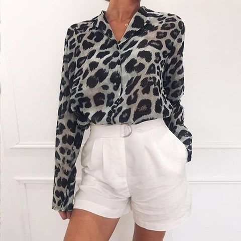 Image of Women Casual Leopard Printed Chiffon Blouse