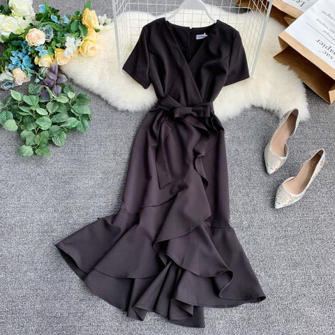 Image of Women Ruffled Flouncing Short-sleeved Waistband Long Dress