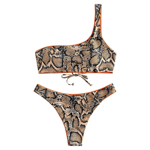 Image of Women Snakeskin Printed One Shoulder Bikinis