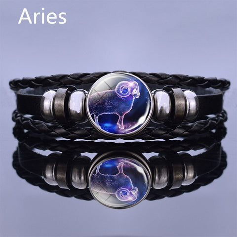 Image of Black Multilayer Leather Bracelet 12 Constellation Bracelet Charms Zodiac Sign Glass