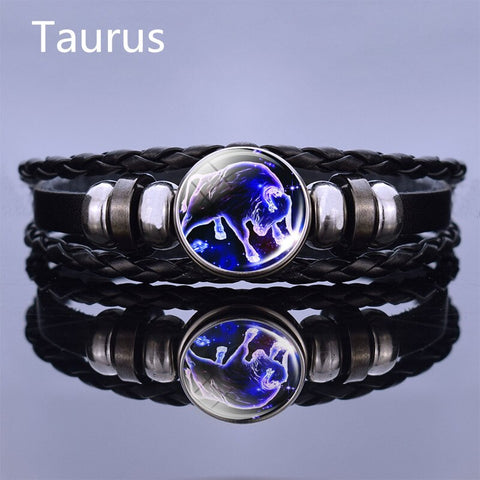 Image of Black Multilayer Leather Bracelet 12 Constellation Bracelet Charms Zodiac Sign Glass