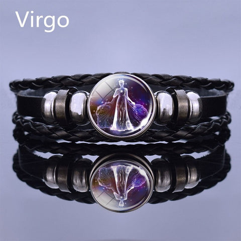 Image of Black Multilayer Leather Bracelet 12 Constellation Bracelet Charms Zodiac Sign Glass