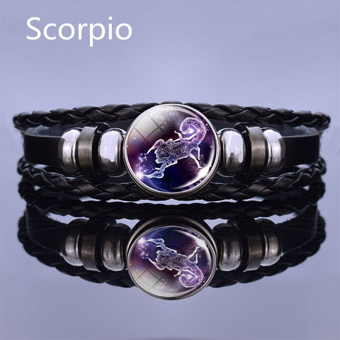 Image of Black Multilayer Leather Bracelet 12 Constellation Bracelet Charms Zodiac Sign Glass