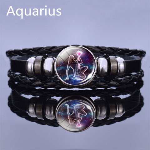 Image of Black Multilayer Leather Bracelet 12 Constellation Bracelet Charms Zodiac Sign Glass