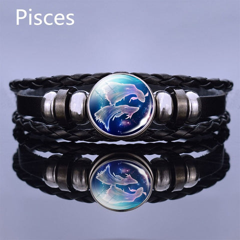Image of Black Multilayer Leather Bracelet 12 Constellation Bracelet Charms Zodiac Sign Glass