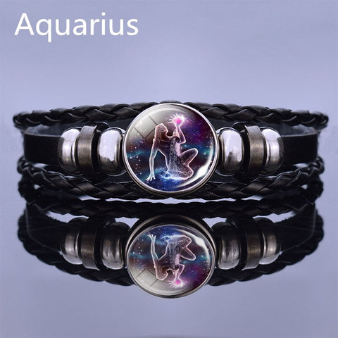Image of Black Multilayer Leather Bracelet 12 Constellation Bracelet Charms Zodiac Sign Glass