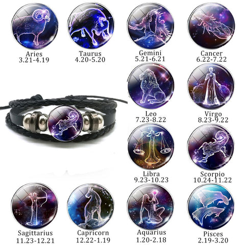 Image of Black Multilayer Leather Bracelet 12 Constellation Bracelet Charms Zodiac Sign Glass