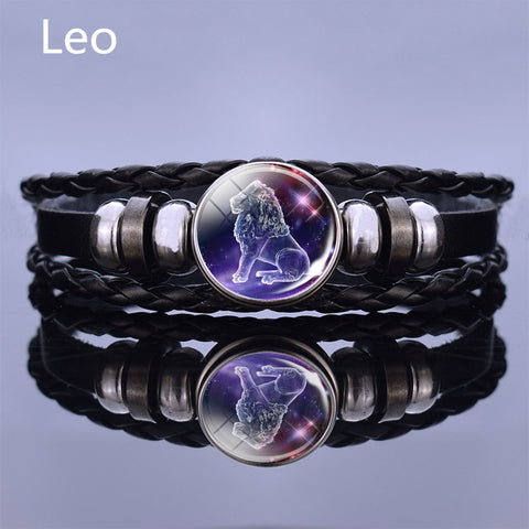 Image of Black Multilayer Leather Bracelet 12 Constellation Bracelet Charms Zodiac Sign Glass
