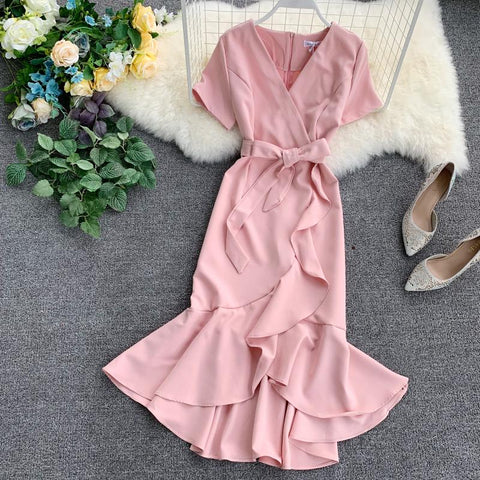 Image of Women Ruffled Flouncing Short-sleeved Waistband Long Dress