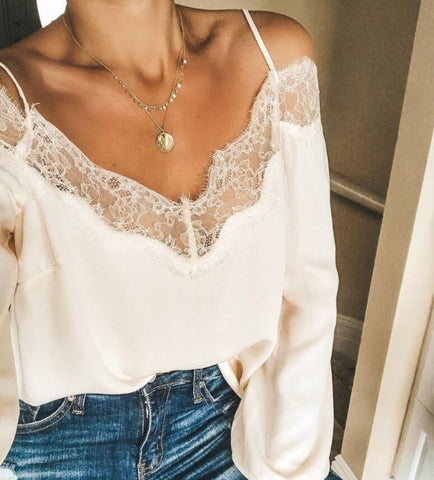 Image of Women's V-neck Strapless Straps Lace Shirt