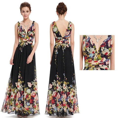Image of Sexy Double V-neck Sleeveless Long Flower Print Chiffon Dress