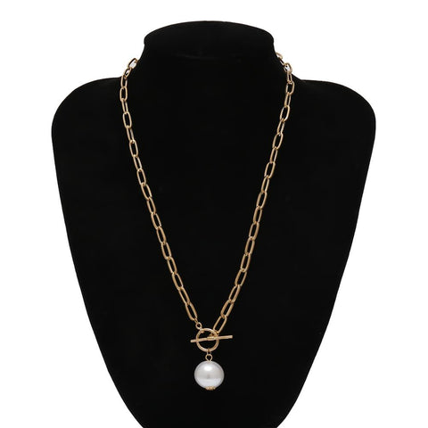 Image of IngeSight.Z Punk Imitation Baroque Pearl Pendant Necklace Curb Cuban Thick Chain Toggle Clasp Long Necklaces for Women Jewelry