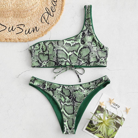 Image of Women Snakeskin Printed One Shoulder Bikinis