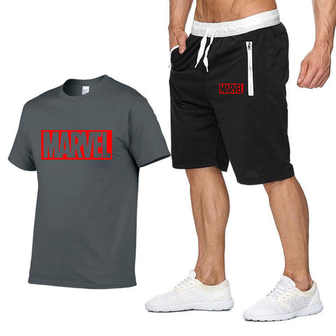 Image of Cotton T Shirts+Shorts Men Sets-MARVEL letter printing
