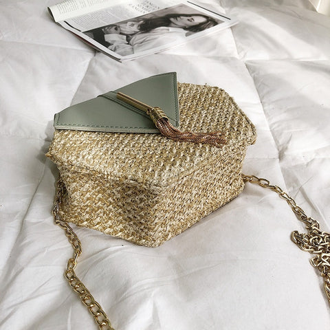Image of Hexagon Mulit Style Straw+leather Handbag