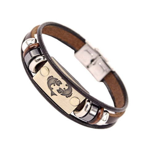 Image of Constellations Men Bracelet Cuff Leather Alloy Zodiac Signs Man