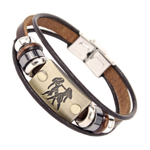 Image of Constellations Men Bracelet Cuff Leather Alloy Zodiac Signs Man