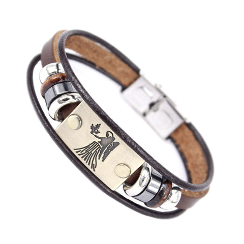 Image of Constellations Men Bracelet Cuff Leather Alloy Zodiac Signs Man