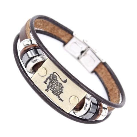 Image of Constellations Men Bracelet Cuff Leather Alloy Zodiac Signs Man
