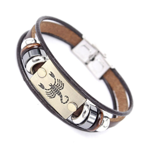 Image of Constellations Men Bracelet Cuff Leather Alloy Zodiac Signs Man