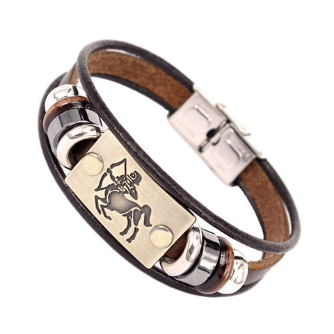 Image of Constellations Men Bracelet Cuff Leather Alloy Zodiac Signs Man