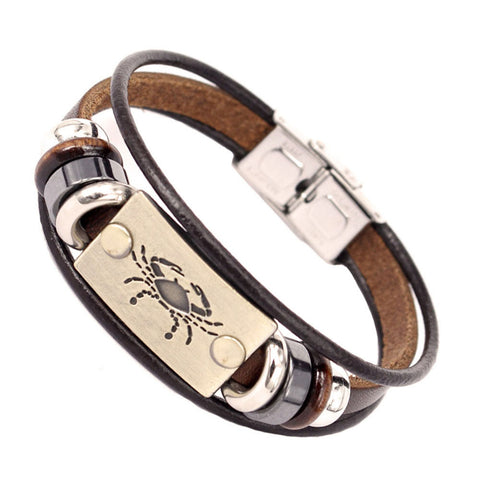 Image of Constellations Men Bracelet Cuff Leather Alloy Zodiac Signs Man