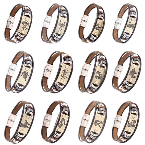 Image of Constellations Men Bracelet Cuff Leather Alloy Zodiac Signs Man