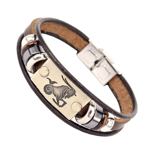 Image of Constellations Men Bracelet Cuff Leather Alloy Zodiac Signs Man