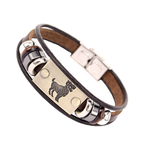 Image of Constellations Men Bracelet Cuff Leather Alloy Zodiac Signs Man