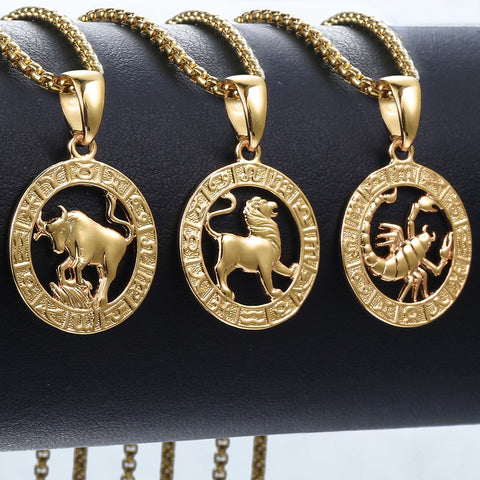 Image of Men's Women's 12 Horoscope Zodiac Sign Gold Pendant Necklace