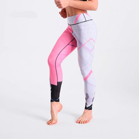 Image of Pink White Color Striped Patchwork High Waist Pants Fitness