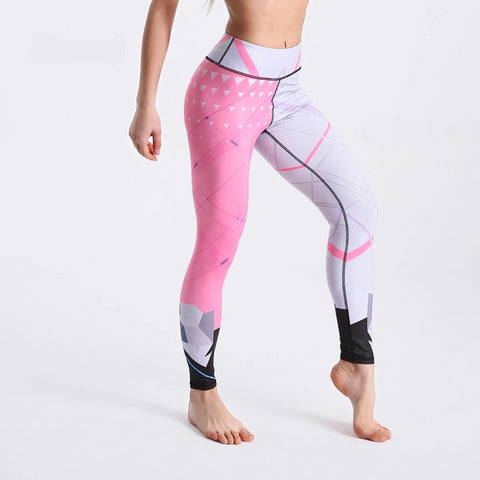 Image of Pink White Color Striped Patchwork High Waist Pants Fitness