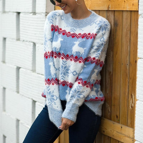Image of Women Snow Deer Knitted Long Sleeve Sweater